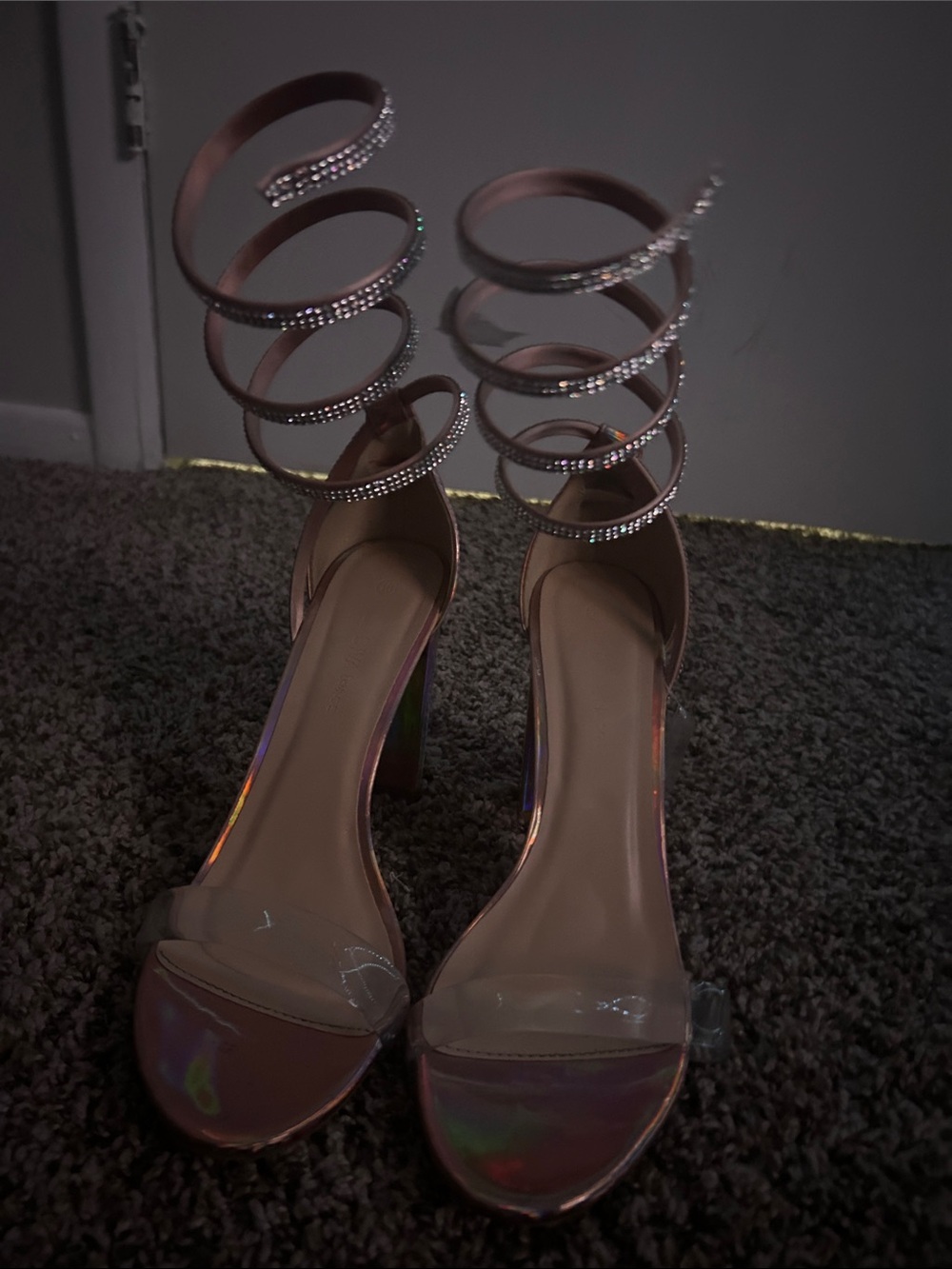 Women’s Rose Gold Spiral Ankle Strap Heels with Rhinestones